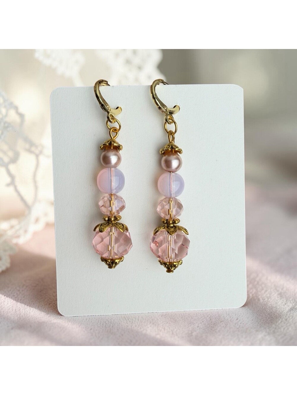 Handmade Pink Beaded Dangle Earrings Gold Tone Glass Beads Hypoallergenic New